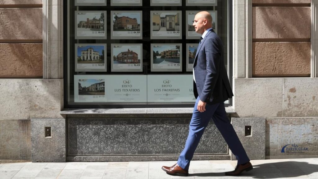 Hombre caminando frente al escaparate de una inmobiliaria en Barcelona, pensando en vender su piso por su cuenta.