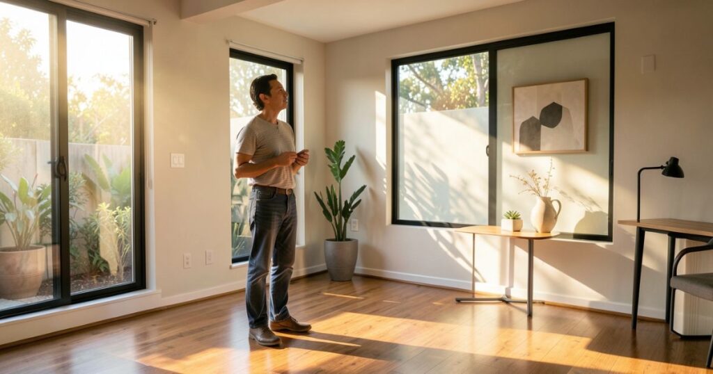 Comprador observando una vivienda durante una visita, valorando luz y sensaciones del espacio