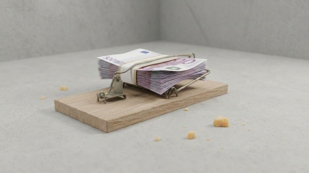 Ratonera con billetes como metáfora de la trampa de una valoración alta y una comisión baja al vender una vivienda