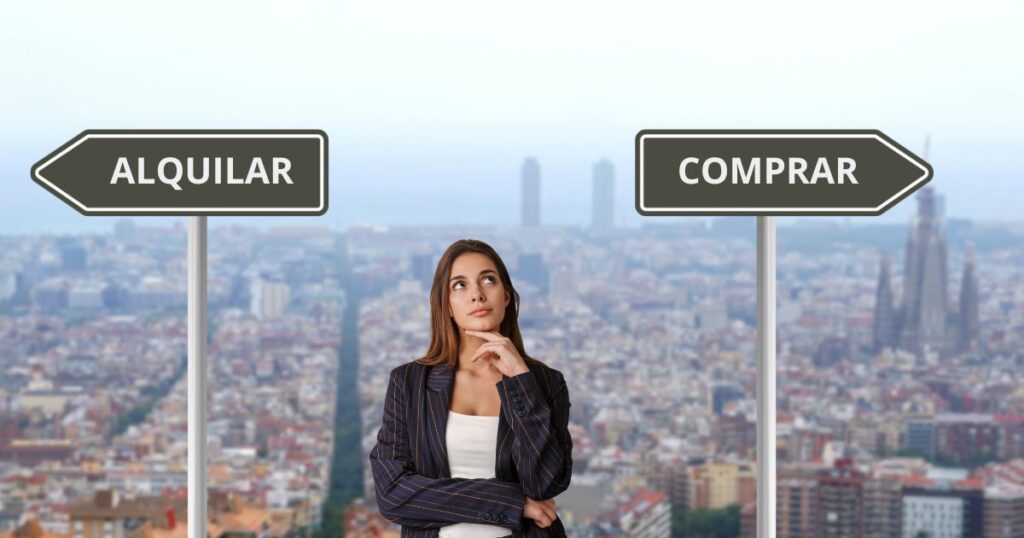 Persona dudando entre alquilar o comprar una vivienda en Barcelona, con el skyline de la ciudad de fondo