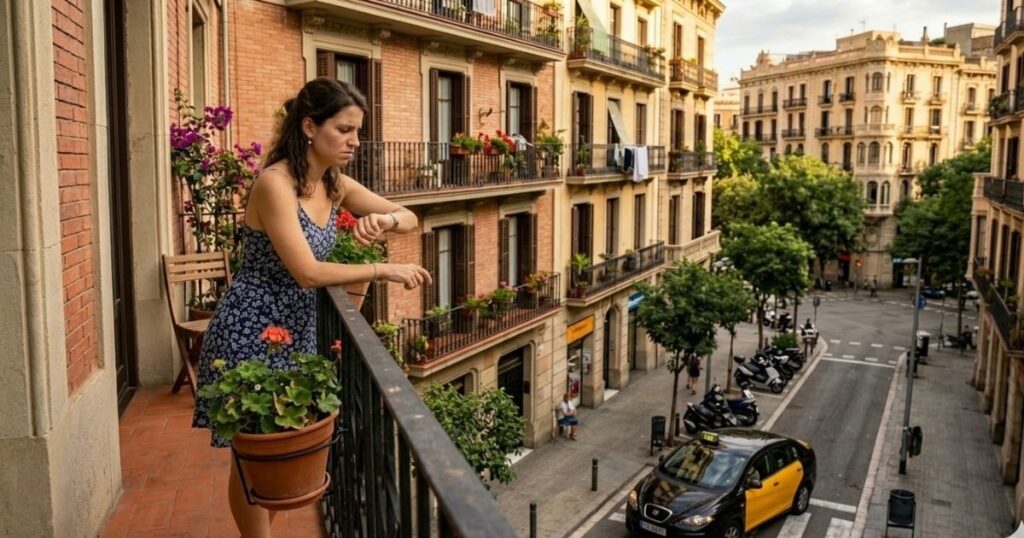 Persona mirando al exterior desde un balcón en Barcelona esperando vender su vivienda
