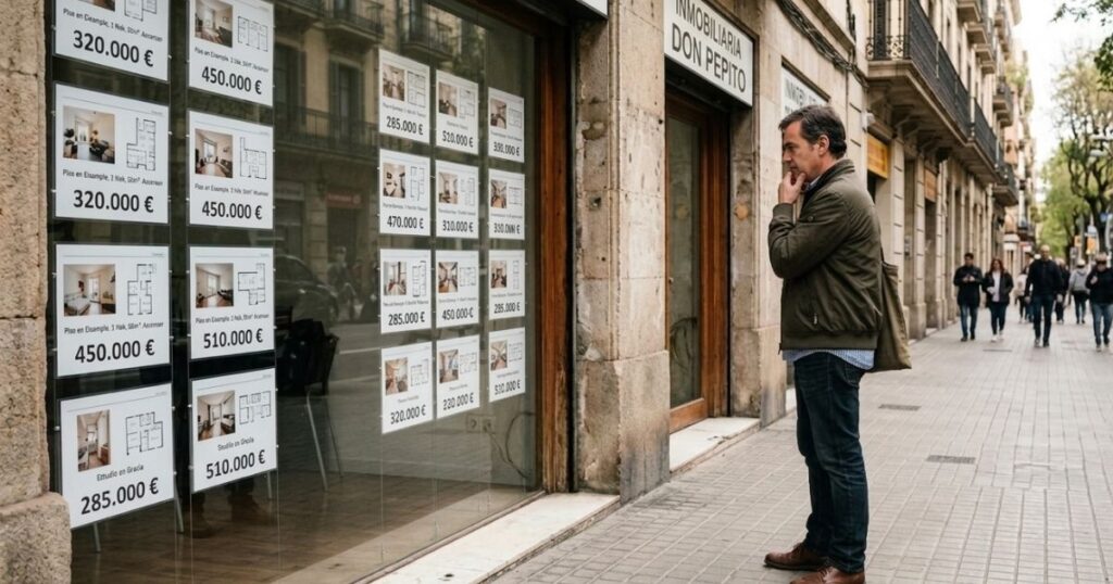 Hombre mirando escaparate de inmobiliaria en Barcelona comparando precios de viviendas
