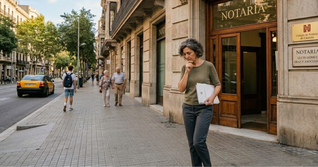 persona saliendo de notaria en Barcelona despues de vender su vivienda con documentos en la mano