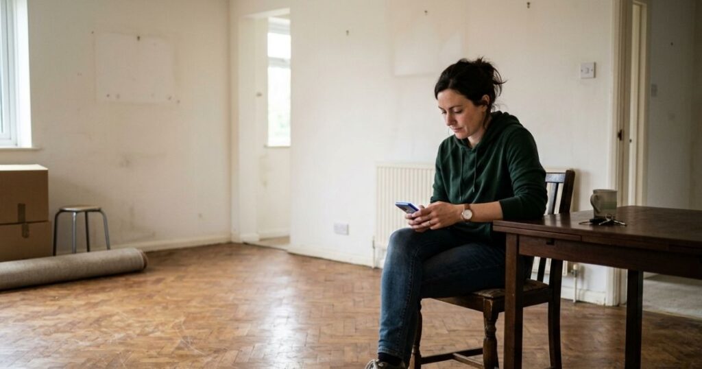 Persona revisando el móvil en un piso vacío sin recibir visitas para vender su vivienda en Barcelona