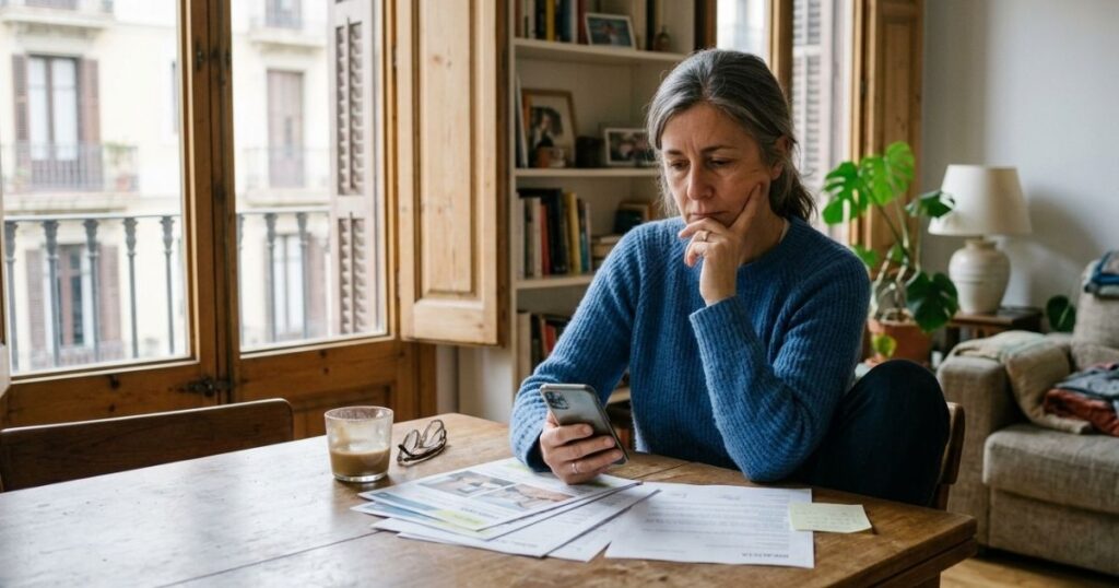 Persona revisando documentos y el móvil en casa dudando sobre el precio de su vivienda en Barcelona