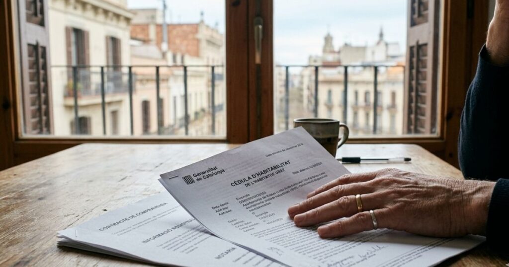 Documentos de cédula de habitabilidad sobre una mesa en una vivienda en Barcelona antes de vender