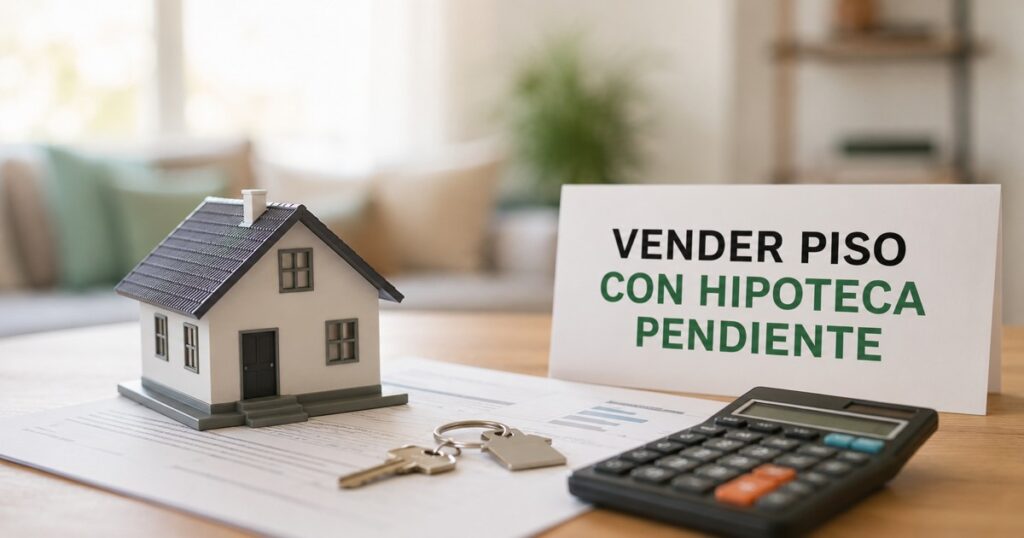Casa en miniatura sobre documentos y calculadora junto al texto “Vender piso con hipoteca pendiente”