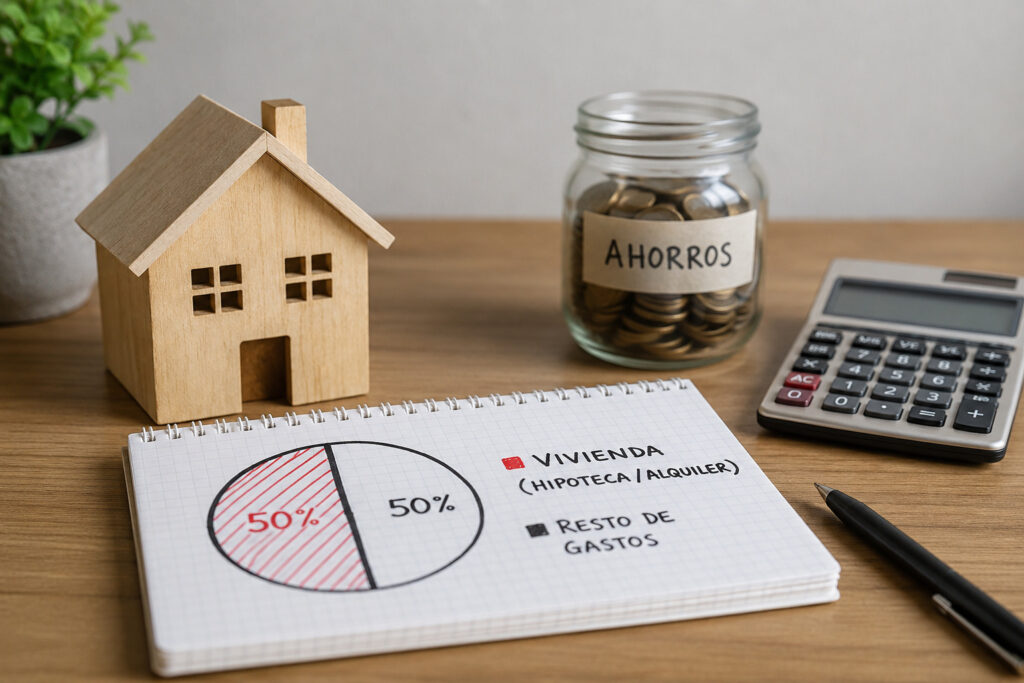 Calculadora junto a una maqueta de una vivienda para representar la tasa de esfuerzo al comprar o alquilar una casa.